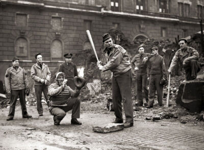 Baseball amidst the bomb-wrecked buildings in Liverpool